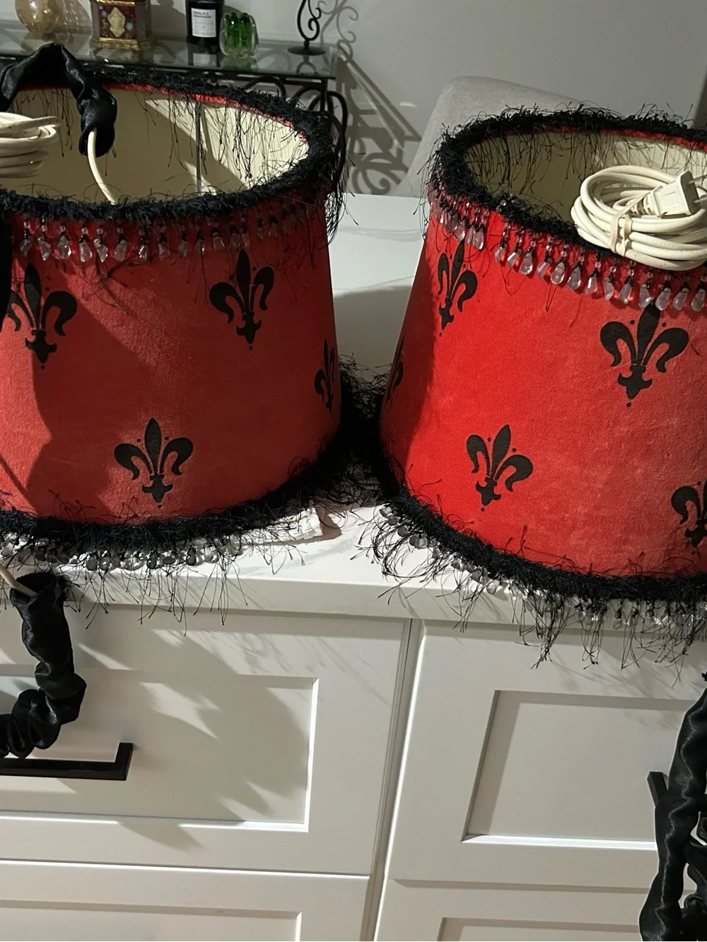 2 Red & Black Fleur-de-Lis Decorative Electrical Lamp Shades